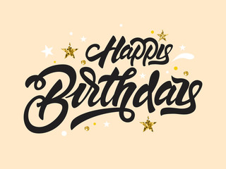 Happy Birthday. Lettering illustration with glitter effect and stars . Hand drawn invitation T-shirt print design. Handwritten modern brush lettering