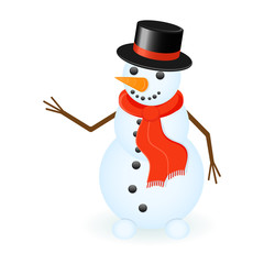 Vector illustration of snowman wearing red scarf and top hat isolated on white background. Smiling winter character.