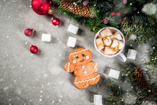 Traditional Christmas treat. Hot chocolate with marshmallow, gingerbread man cookie, fir tree branches and xmas holiday decorations copy space top view