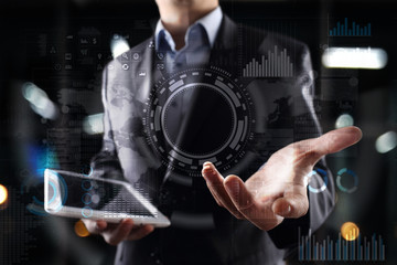 Internet, Business and technology concept. Icons, diagrams and graphs background on virtual screen.