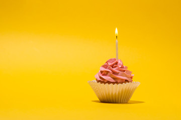 Birthday cupcake with  candle on yellow background.