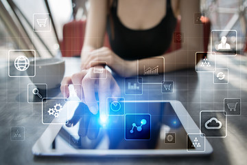 Virtual screen interface with applications icons. APPS. Work Business process in modern office. Strategy planning  Internet technology concept.