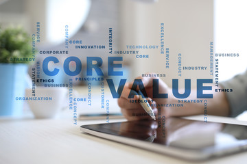 Core value on the virtual screen. Business concept. Words cloud.
