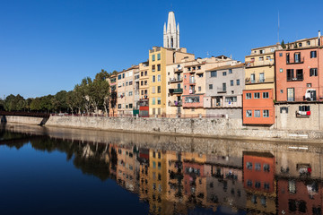 City Of Girona Old Town Houses At Onyar River In Catalonia, Spain