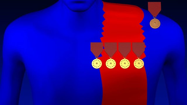 Concept: vainglory man. 3d man's chest is expanding for medals. 3D rendering.