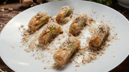 Baklava traditional oriental dessert. Sweet turkish food background concept