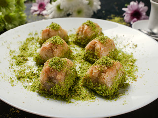 Baklava traditional oriental dessert. Sweet turkish food background concept