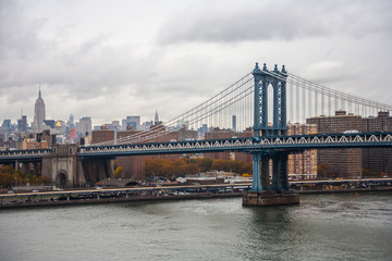 Fototapeta na wymiar New York view of Manhattan from Brooklyn Bridge Cloudy sky river Industrial landscapes