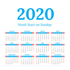 2020 calendar start on sunday