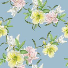 Floral seamless pattern with lily, peony, iris