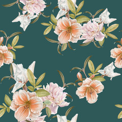 Floral seamless pattern with lily, peony, iris - 183183237