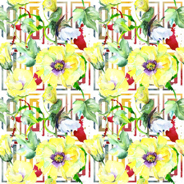 Wildflower eustama flower pattern in a watercolor style. Full name of the plant: eustama. Aquarelle wild flower for background, texture, wrapper pattern, frame or border.