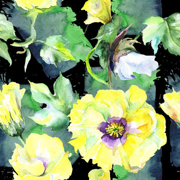 Wildflower eustama flower pattern in a watercolor style. Full name of the plant: eustama. Aquarelle wild flower for background, texture, wrapper pattern, frame or border.