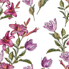 Floral seamless pattern with watercolor lilies and tulips