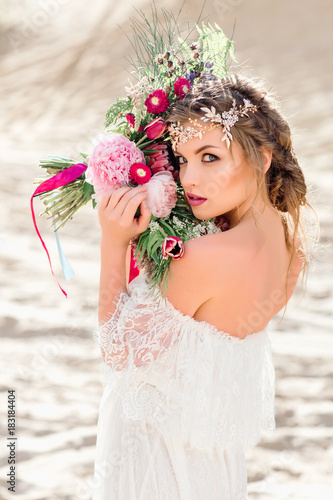 Blonde Bride With A Summer Wedding Bouquet Stock Photo And Royalty