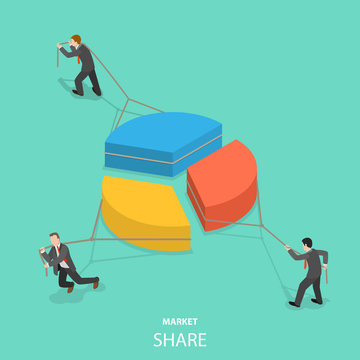 Market share flat isometric vector concept. Businessmen are competing by pulling parts of the pie chart each to itself side.