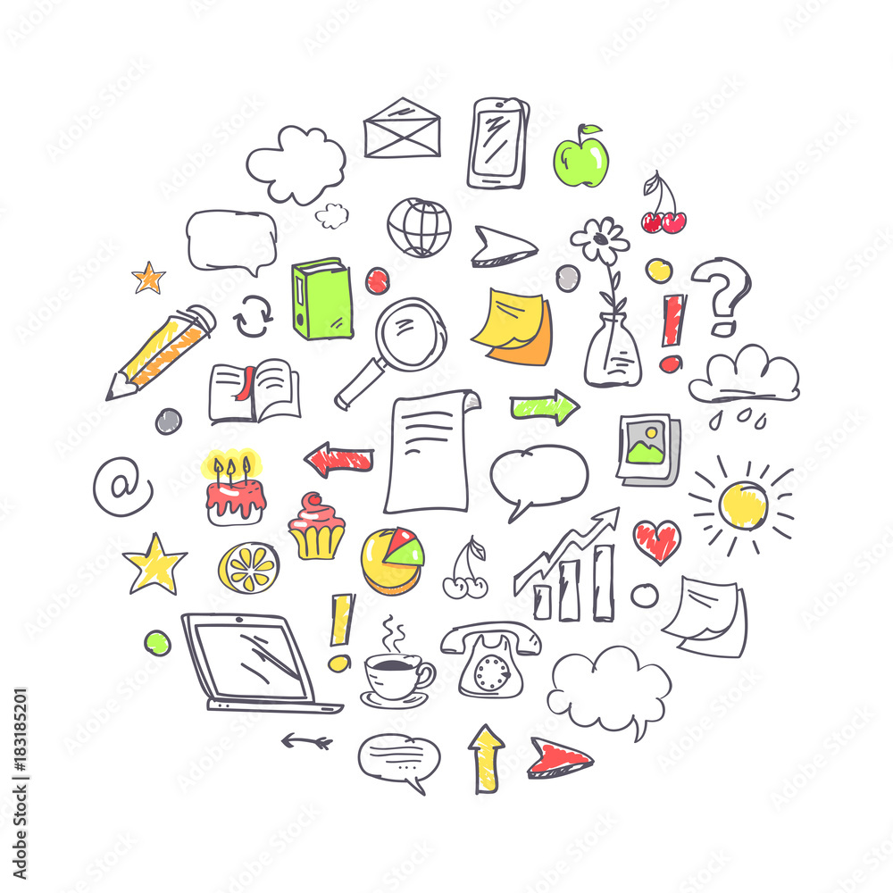 Poster hand drawn minimalistic elements set put in circle