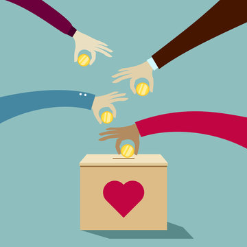 Hands putting coins into donation box: Donate money charity concept