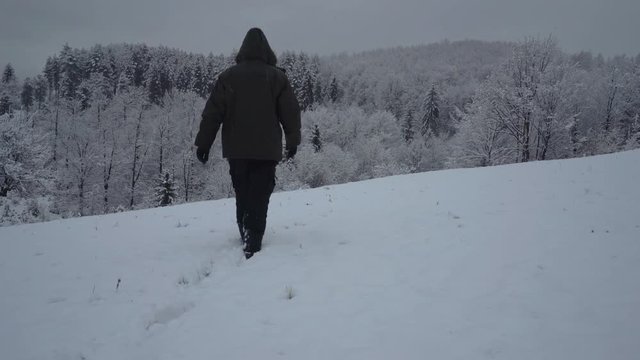 Man goes in deep snow to forest - (4K)