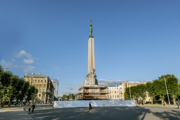 Fototapeta na wymiar View of the Freedom monument in Central Riga in Latvia
