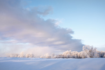 Fototapeta na wymiar Snowy frozen landscape of sunrise on lakeside with trees 