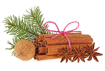 Fir tree branch, anise, walnut and cinnamon sticks on white background