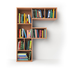 Letter F. Alphabet in the form of shelves with books isolated on white.