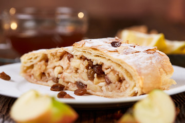 Apfelstrudel with raisins on a plate
