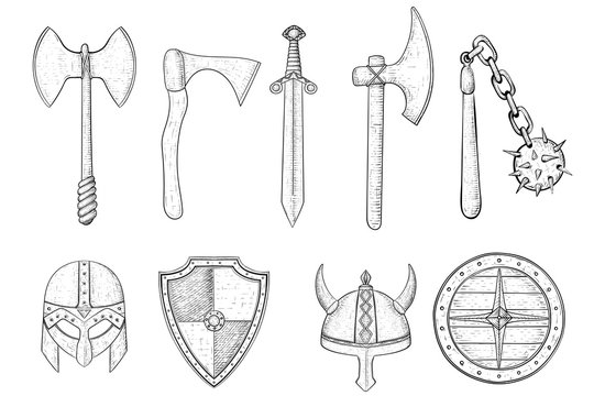 Set of medieval weapons and armor. Hand drawn sketch
