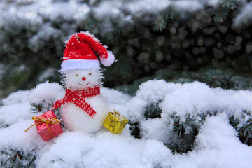 Snowman with Christmas gifts isolated on blue fir tree with white snow.