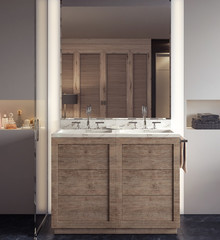 Modern design of bathroom with wooden vanity in the middle 3D Rendering