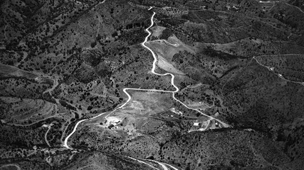 Black and White aerial view of countryside in Andalusia, Spain