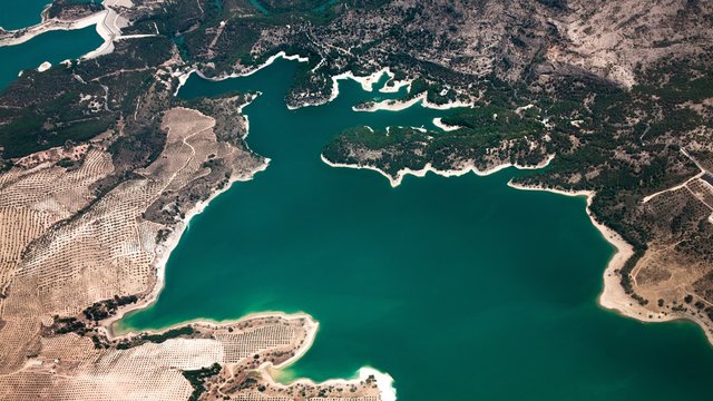 Aerial view of Embalses Guadalhorce-Guadalteba near Malaga, Andalusia, Spain.
