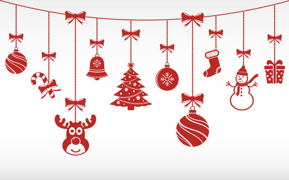 Christmas red ornaments hanging. Merry Christmas vector background.