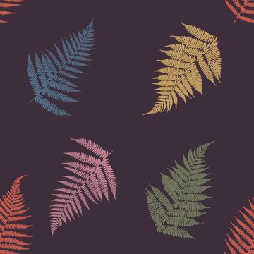 Ferns. Seamless pattern. Ferns of different colors on a dark background. Vector illustration.