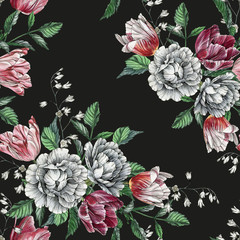 Panele Szklane  Floral seamless pattern with watercolor tulips and roses