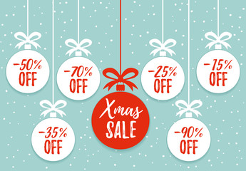 Christmas balls sale. Xmas sale background. Winter holiday discount offer clearance red template.Special offer vector tag. Price off, New year holiday card template. Shop market poster design. Vector