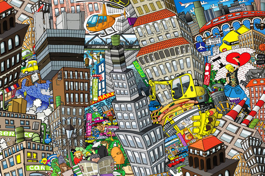 City, an illustration of a large collage, with houses, cars and people