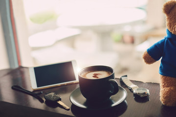 Hot coffee on the desk