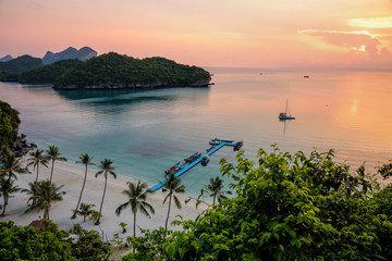 High angle view from Ko Wua Ta Lap island, beautiful nature landscape of sunrise over the sea in Mu Ko Ang Thong National Marine Park is a famous tourist destination, Surat Thani, Thailand