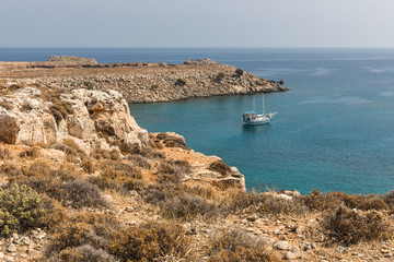Fototapeta premium Coastline landscape on the way to the Kleoboulous's tomb in Lindos on the Rhodes Island, Greece. 
