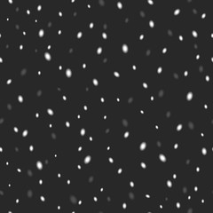 Snowflakes chaotic seamless pattern white random dots on black background. Grit textured design element. Abstract winter night snow blurred overlay layers.