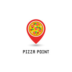 Pizza logo pointer pin location pizzeria fastfood point. Italian tasty round pizza with salami, tomato, mushrooms, cheese, basil and olives