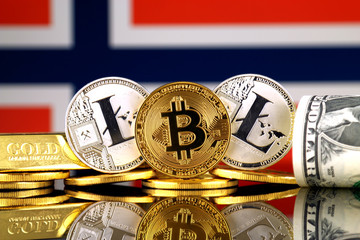 Physical version of Bitcoin, Litecoin, gold, US Dollar and Norway Flag. Conceptual image for...