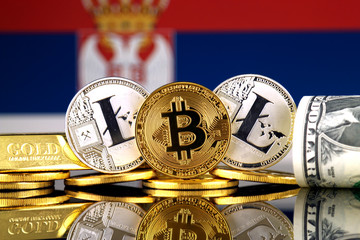 Physical version of Bitcoin, Litecoin, gold, US Dollar and Serbia Flag. Conceptual image for...