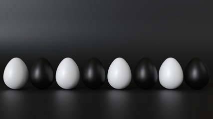 The eggs are white and black. Positioned in a row.  The floor and walls are black. And the light on the right and left of the picture.  It produces shadows and reflections between black and white eggs