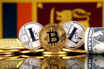 Physical version of Bitcoin, Litecoin, gold, US Dollar and Sri Lanka Flag. Conceptual image for...
