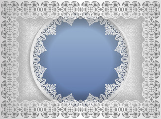 Round white frame in an rectangular frame with lace edges and a abstract background inside. Template for wedding and other congratulations. In the middle there is space for pictures, photos. Vector.