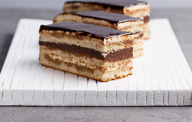Cake Opera on a gray background, vertical, selective focus