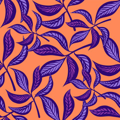 Floral hand drawn vintage seamless pattern with leaves. Fabulous lilac leaves on peachy background. Tropical seamless pattern with exotic vivid leaves. Exotic textile botanical design. Summer design.
